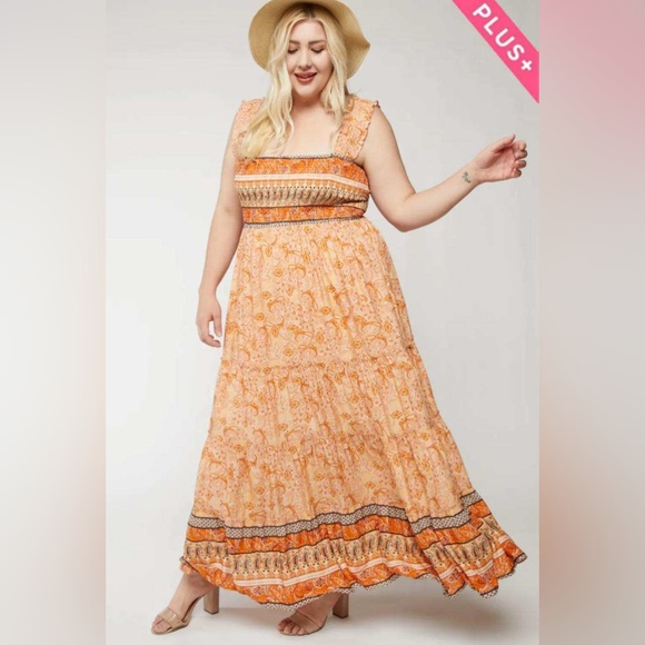 DAVI & DANI Dresses & Skirts - 🔥New🔥 Plus Size Orange Printed Smocked Ruffle Sleeveless Maxi Dress (1X,2X,3X)